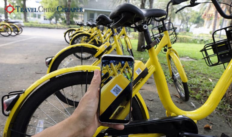 Scan the QR code on a China bike share bicycle to unlock