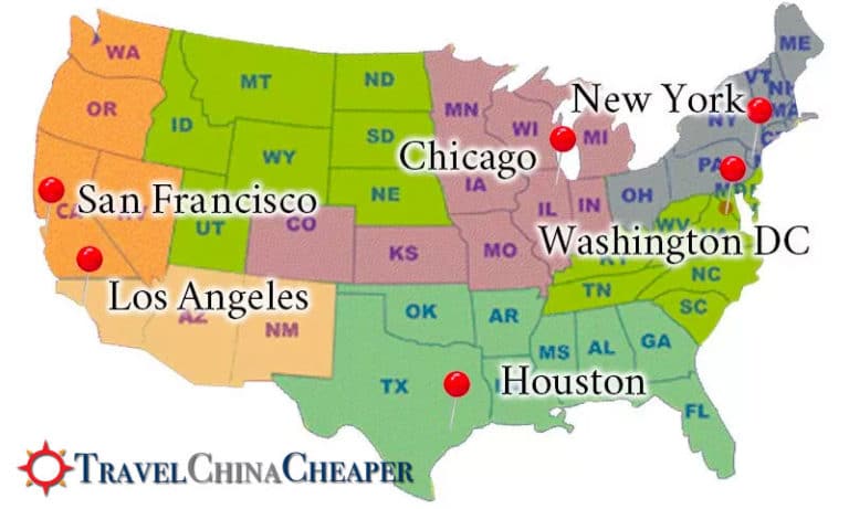 Map of the different Chinese Embassies in the United States