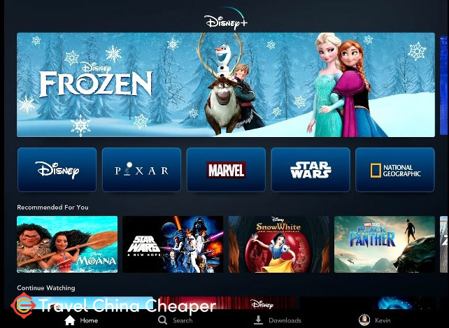 The homescreen of Disney+ streaming service