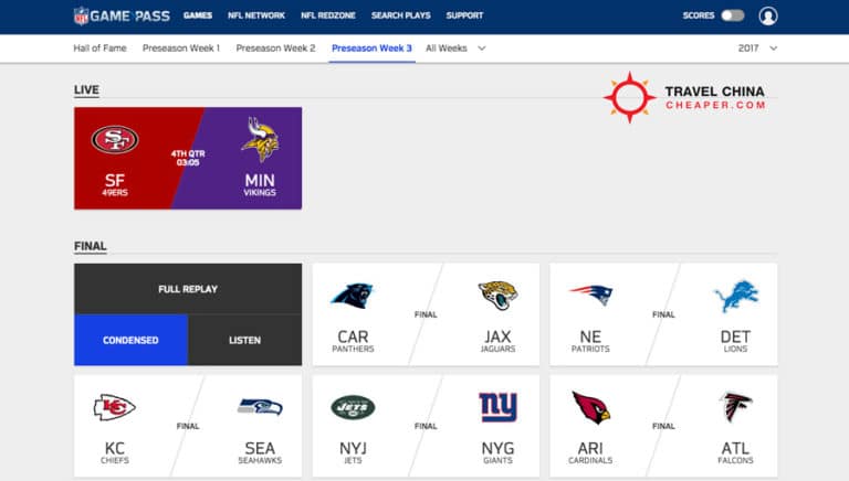 NFL Gamepass dashboard screenshot