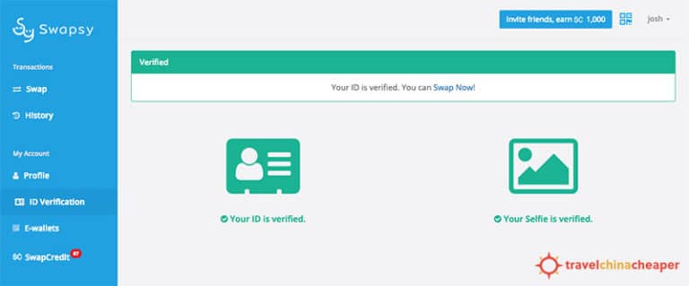 Veryfiy your ID with Swapsy before you can start foreign currency exchange from USD to CNY.